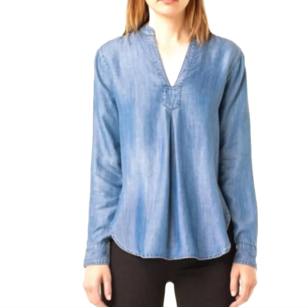 LIVERPOOL Mandarin Collar Chambray Denim Blouse Size XS